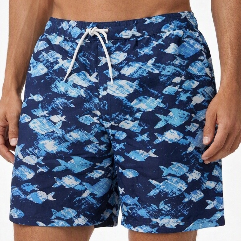 Black Brown Mens Fish Print Swim Trunks Blue M Coastal Beach Resort NWT